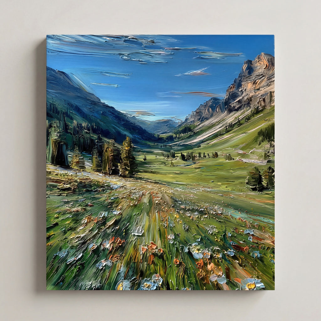 Hand-Painted Impasto Oil Art - "Sunlit Alpine Valley"