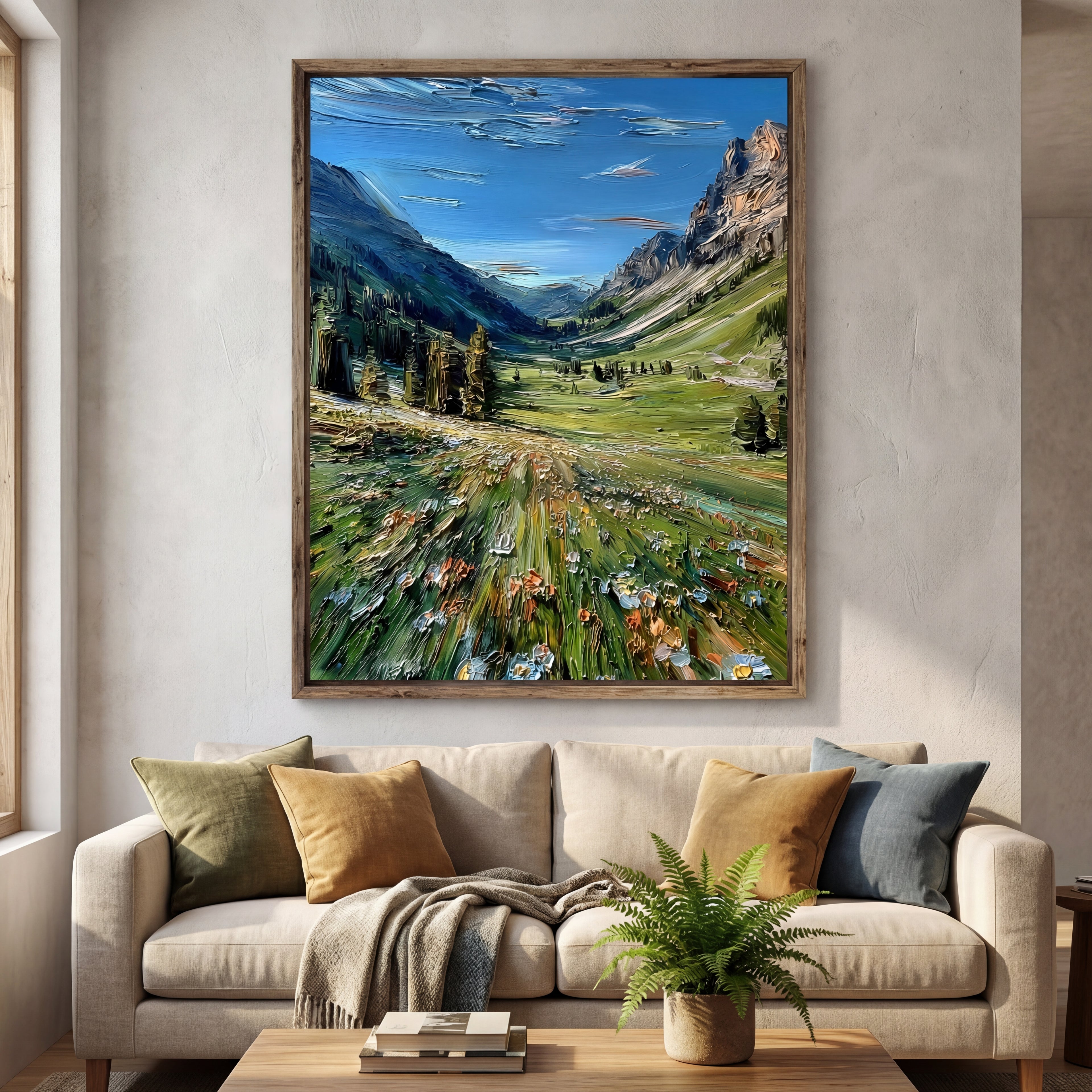 Hand-Painted Impasto Oil Art - "Sunlit Alpine Valley"