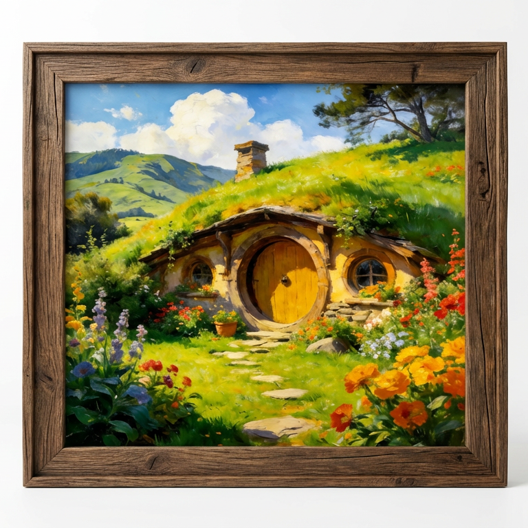 Warm Sun of the Shire Hobbit Hole Landscape Oil Painting