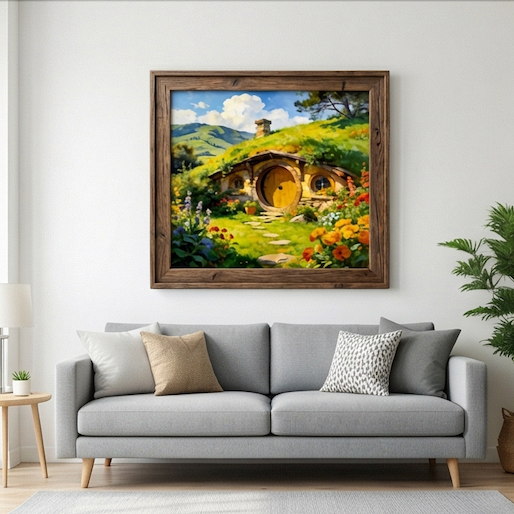 Warm Sun of the Shire Hobbit Hole Landscape Oil Painting