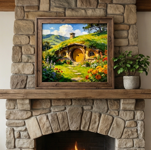 Warm Sun of the Shire Hobbit Hole Landscape Oil Painting