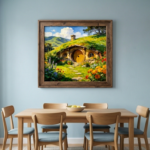 Warm Sun of the Shire Hobbit Hole Landscape Oil Painting