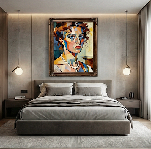 Muse with the Pearl Necklace Cubist Portrait Oil Painting