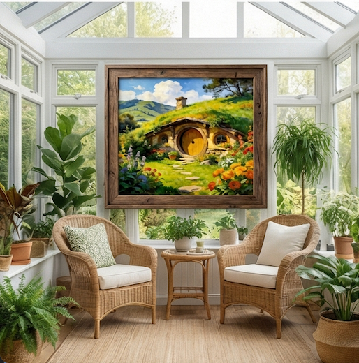 Warm Sun of the Shire Hobbit Hole Landscape Oil Painting