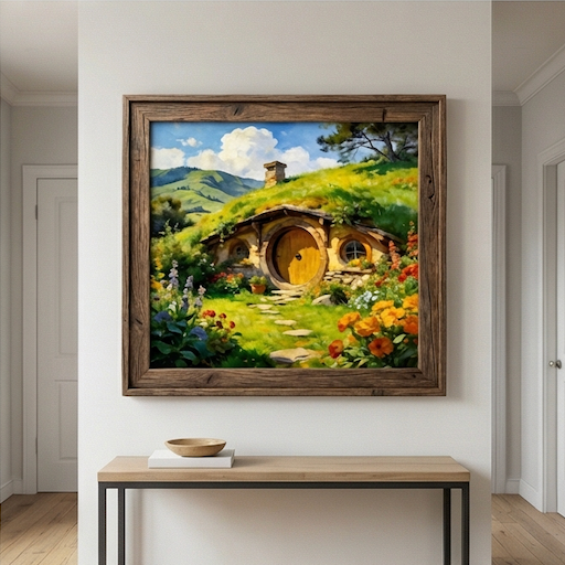 Warm Sun of the Shire Hobbit Hole Landscape Oil Painting