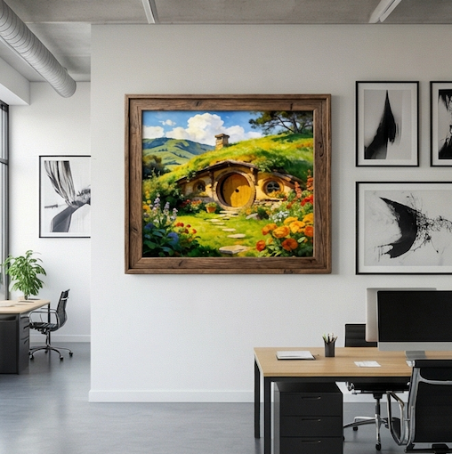 Warm Sun of the Shire Hobbit Hole Landscape Oil Painting