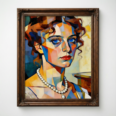 Muse with the Pearl Necklace Cubist Portrait Oil Painting