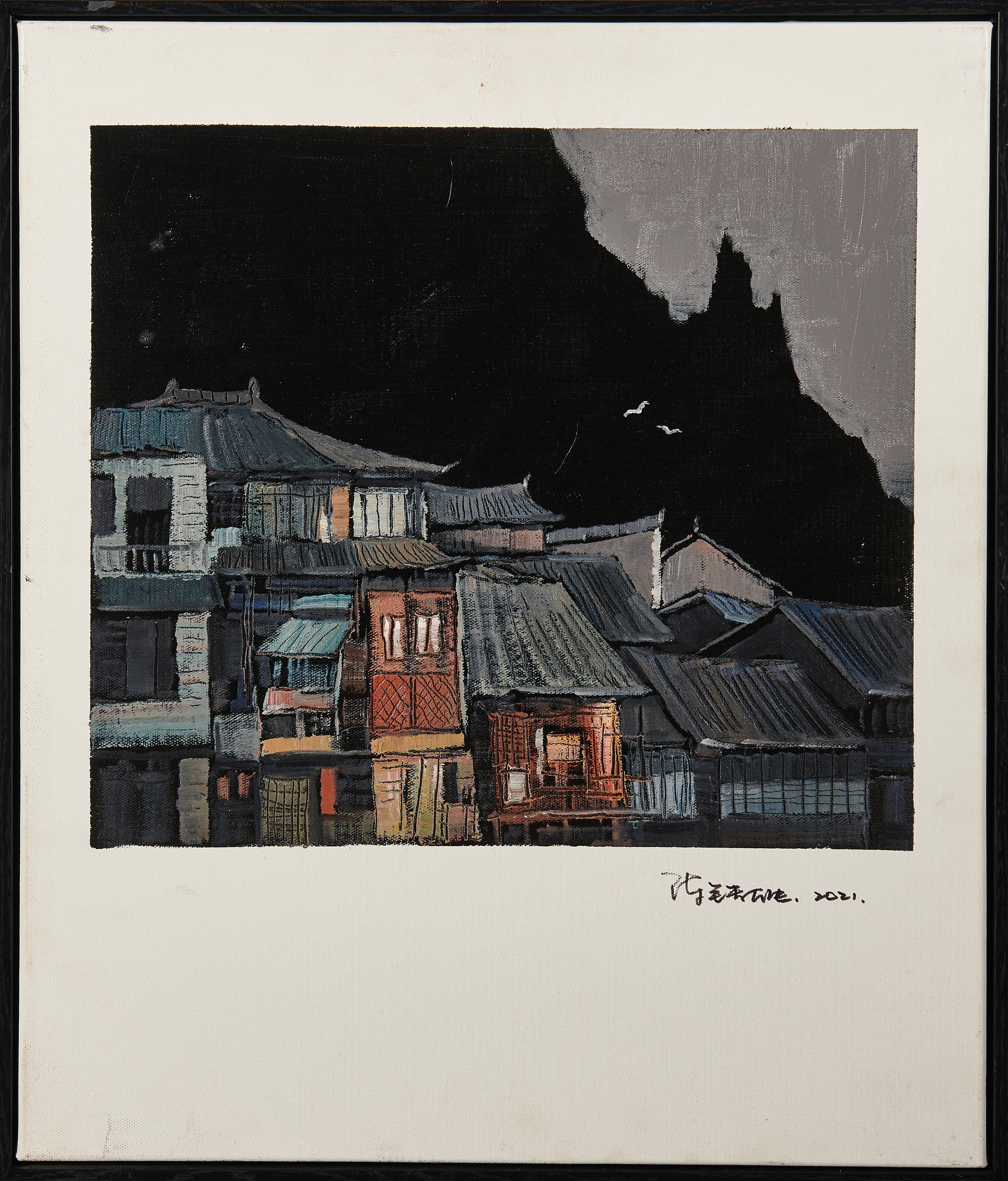 "Waterfront Ancient Village" Riverside Landscape Oil Painting