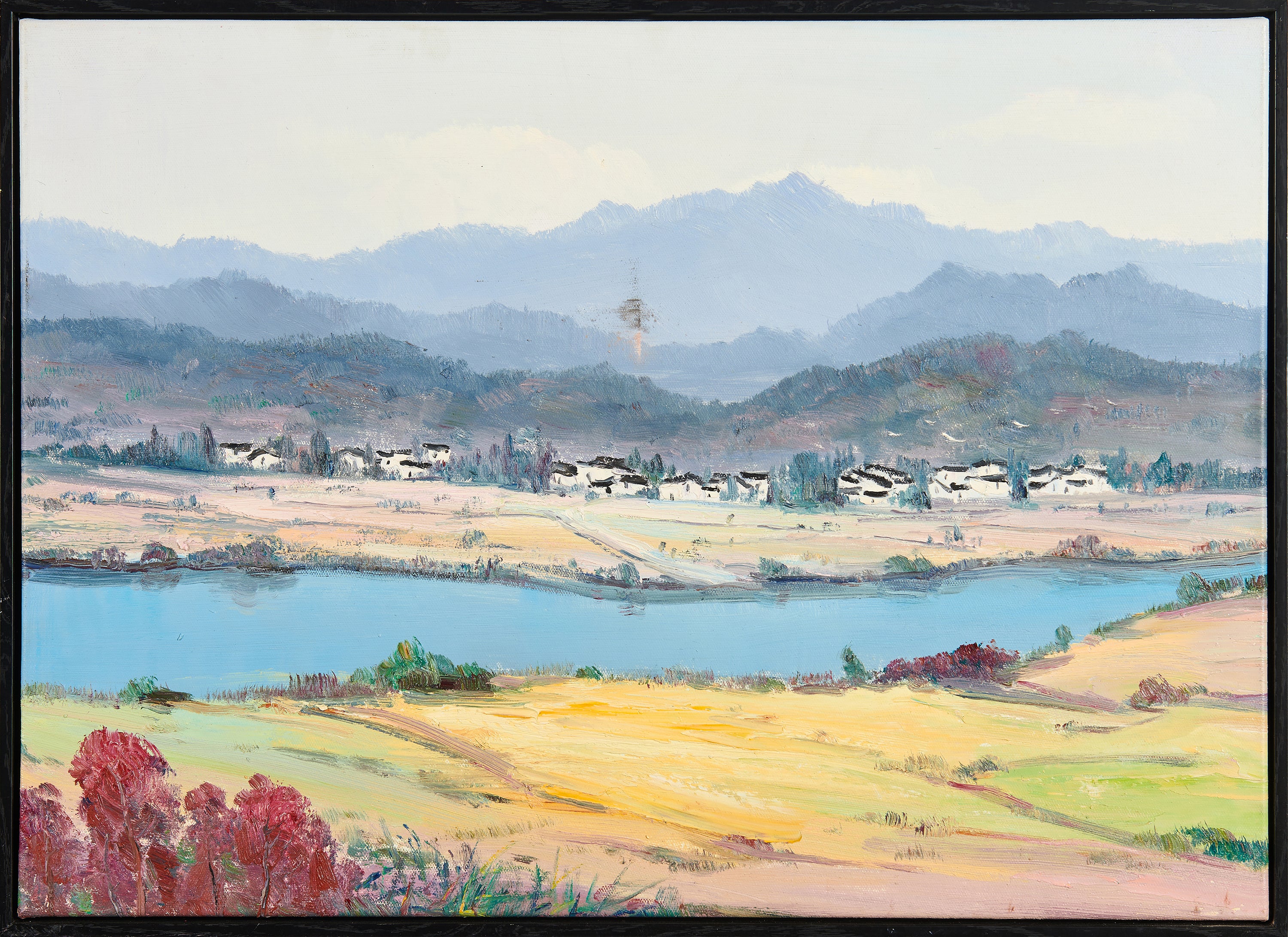 Autumn Glow by the River: Huizhou Village Landscape | Original Realist Oil Painting