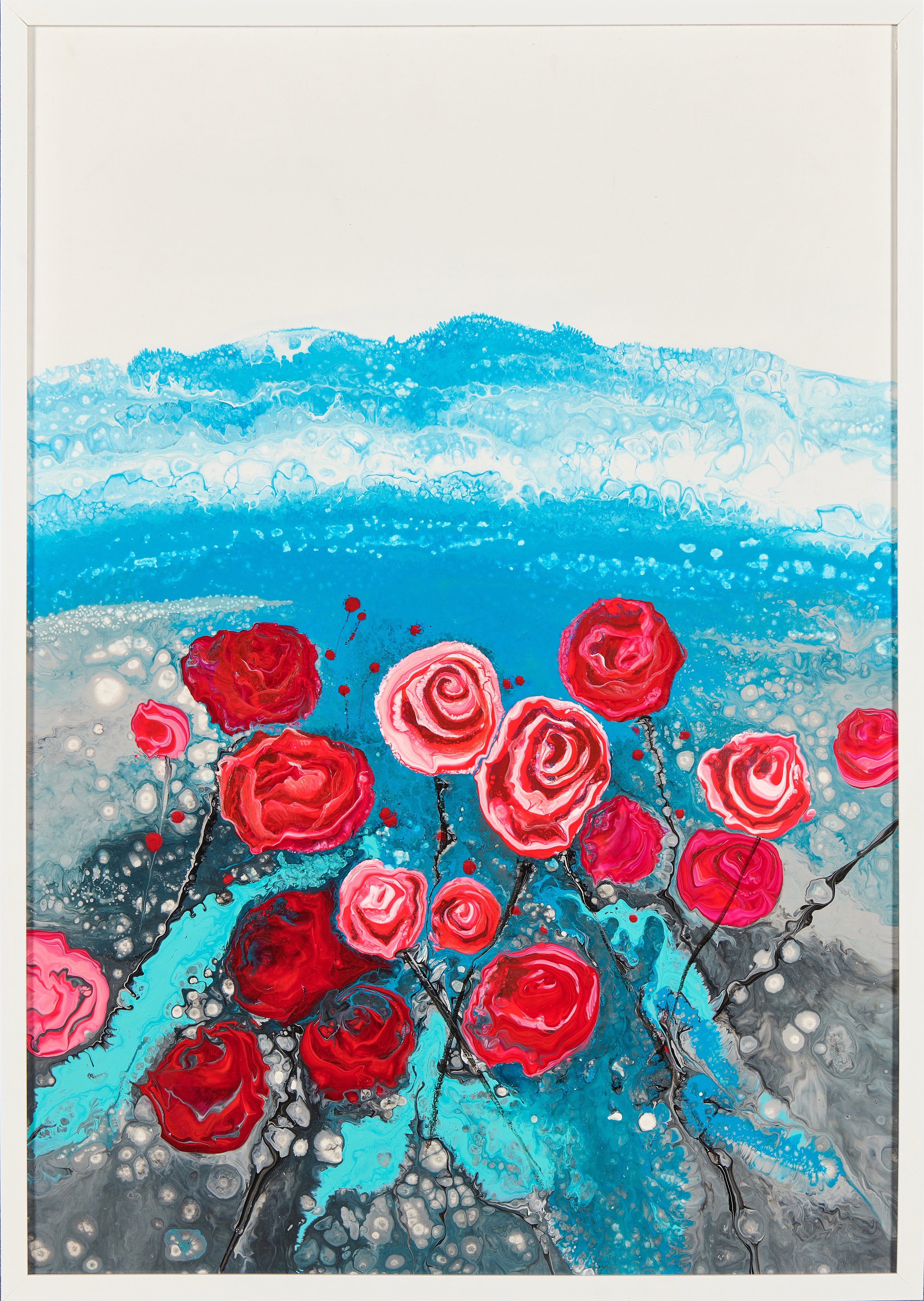 Roses in Azure Glow | Original Hand-Poured Fluid Art Painting