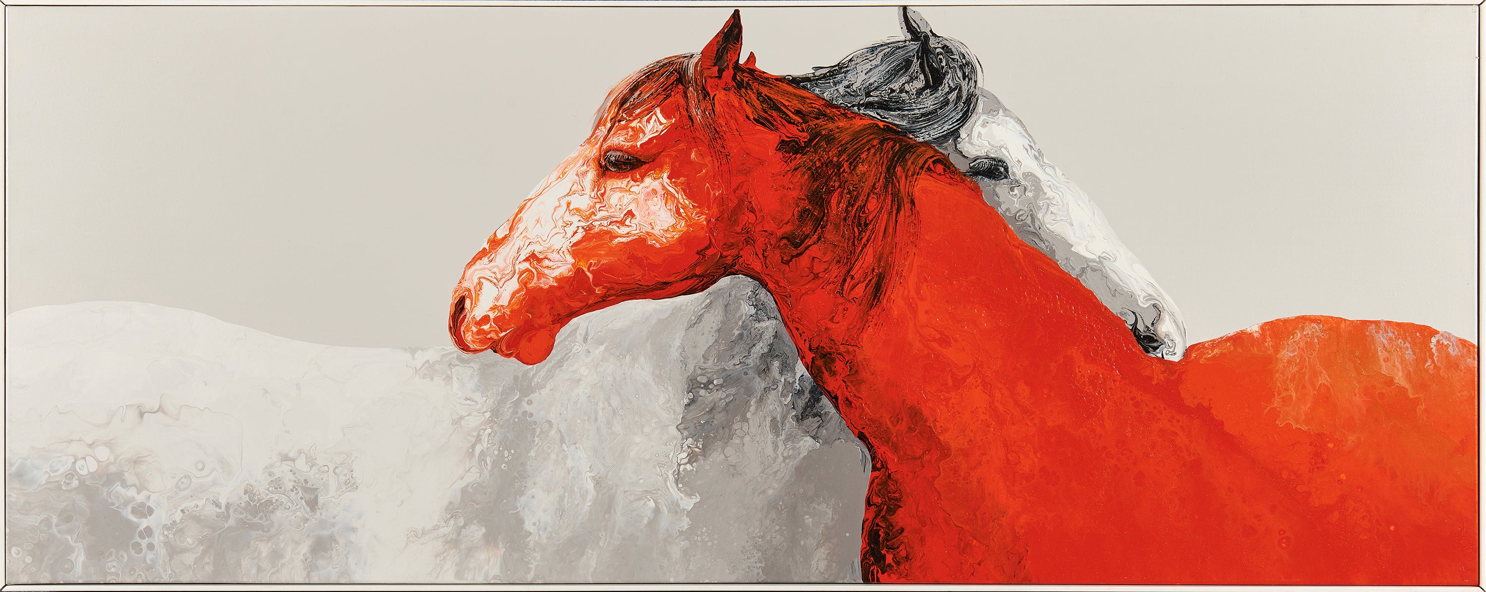 Scarlet Steed & White Companion | Original Hand-Poured Panoramic Fluid Art Painting