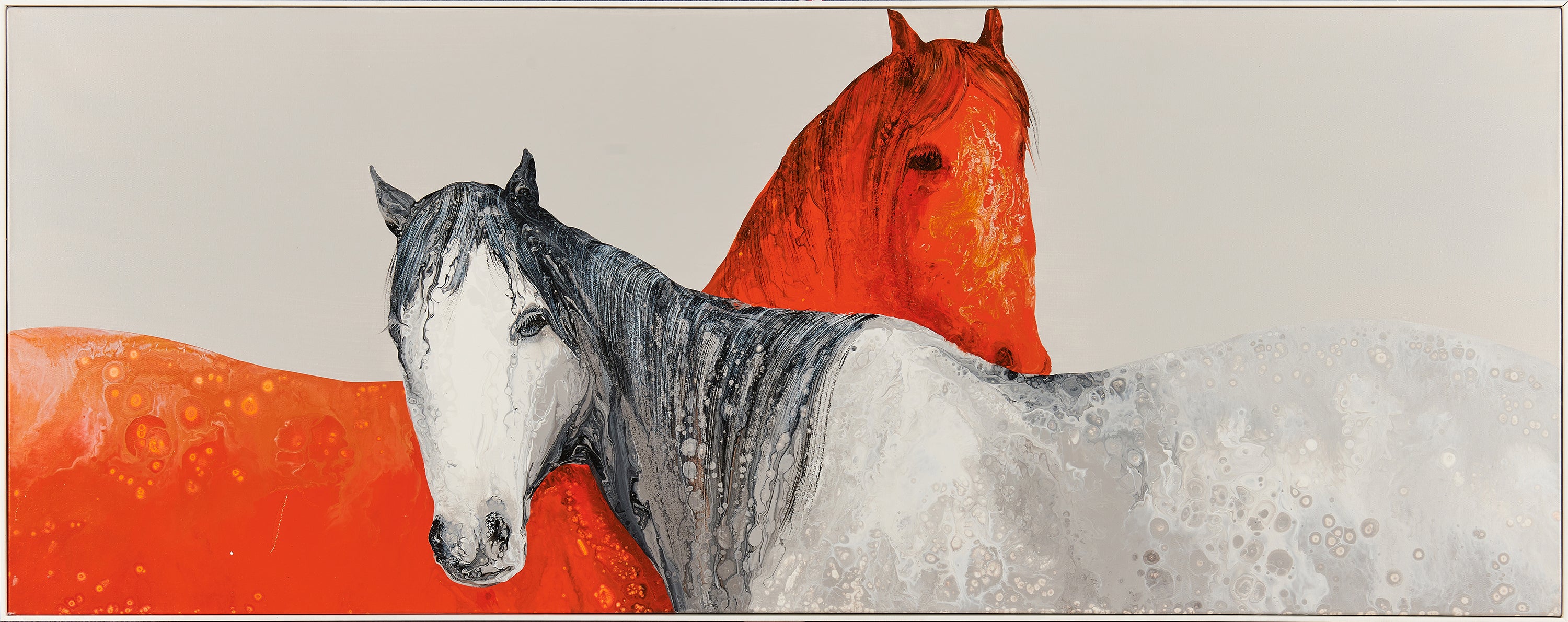 Crimson & Snow: Two Steeds in Intimacy | Original Panoramic Fluid Art Painting