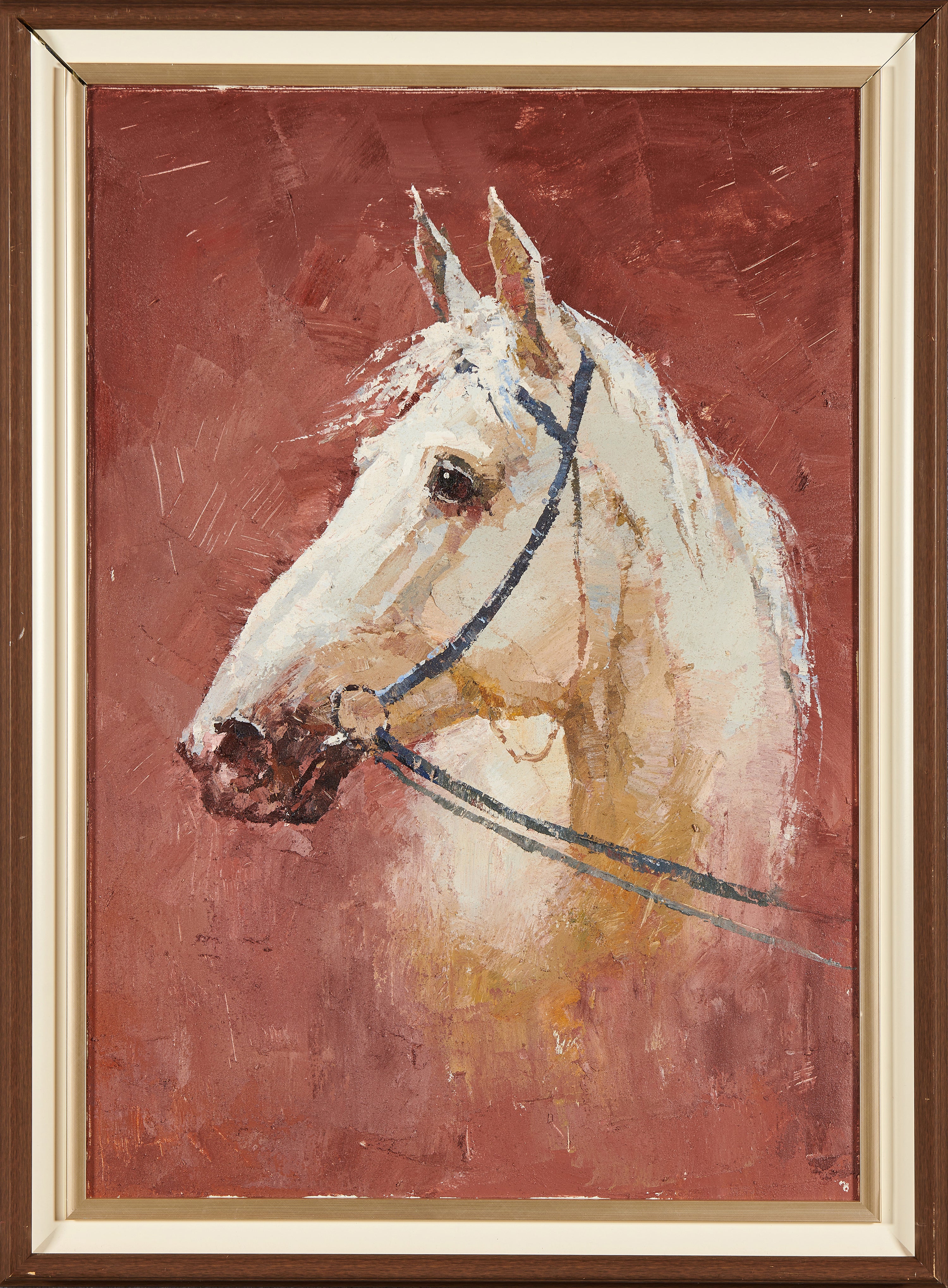 White Steed in Rosy Haze: Auspicious Purity | Original Horse Portrait Oil Painting