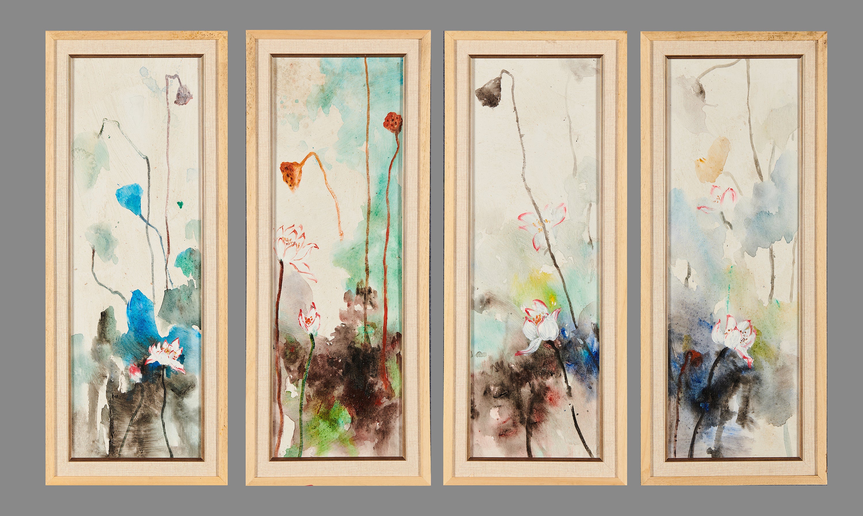 Four Seasons of Lotus: Elegance in Four Panels | Original Chinese Ink Style Lotus Oil Painting (Set of 4)
