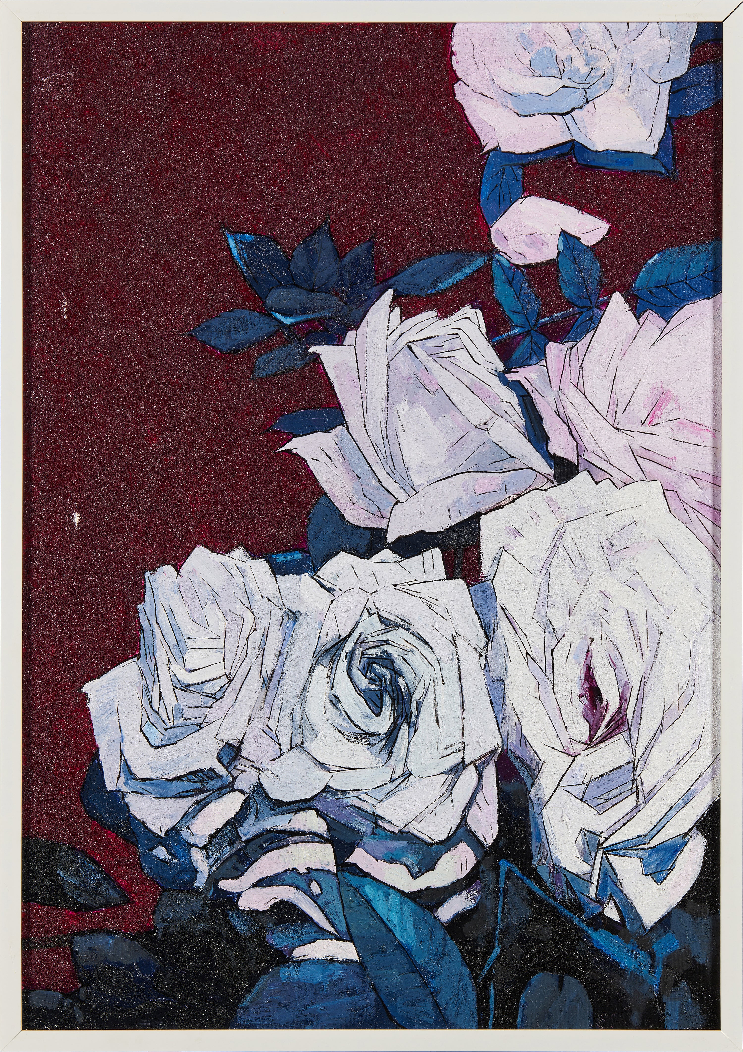 Frosted White Roses on Crimson | Original Contemporary Floral Oil Painting