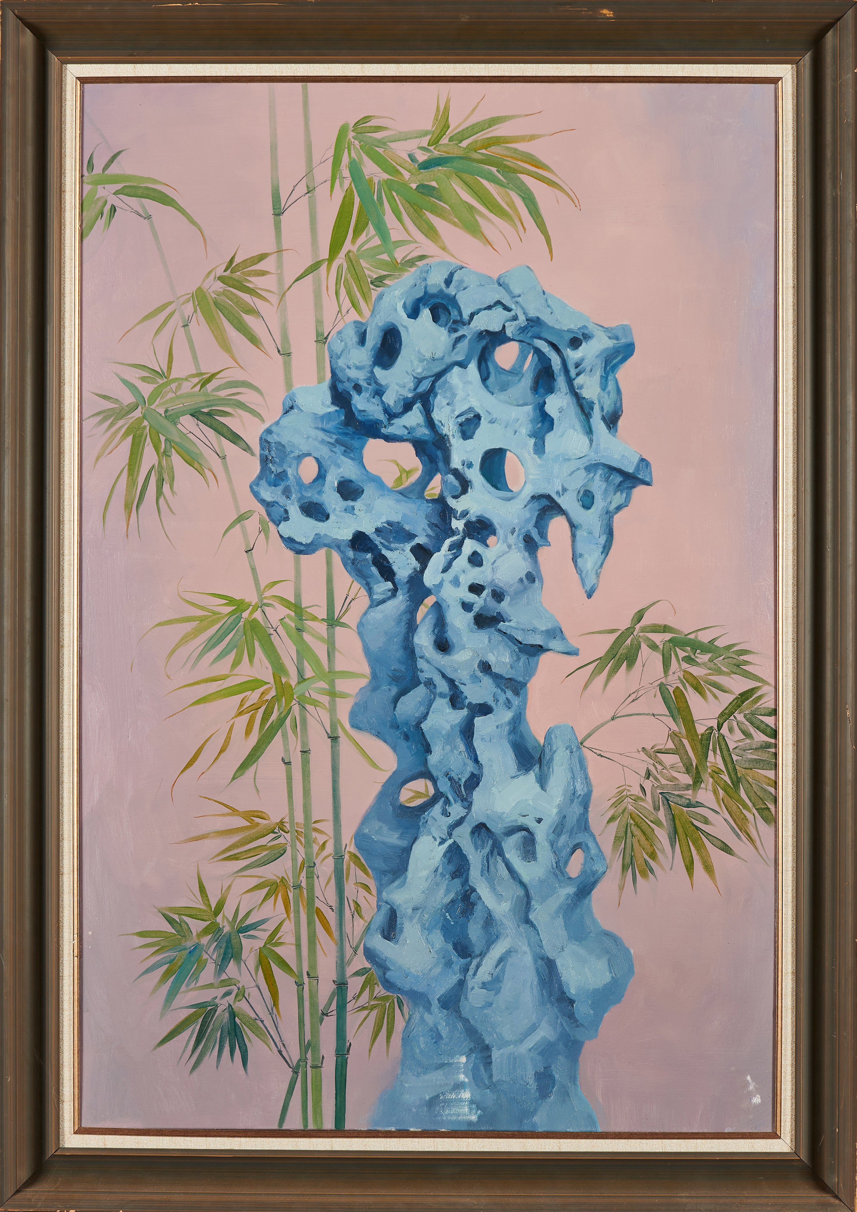 Blush & Azure: Taihu Stone with Bamboo | Original Contemporary Chinese Oil Painting