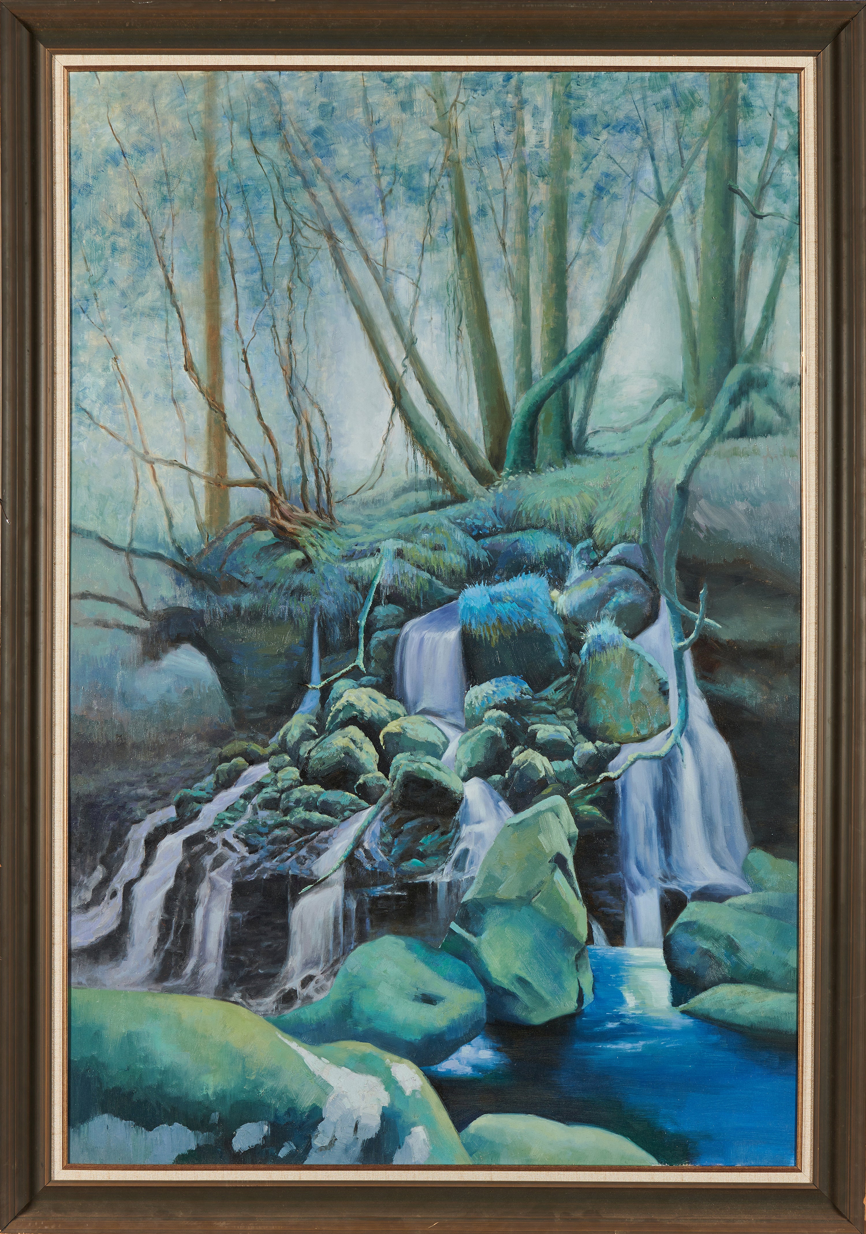 Brook in the Woods: Emerald Falls & Serenity | Original Blue-Green Landscape Oil Painting