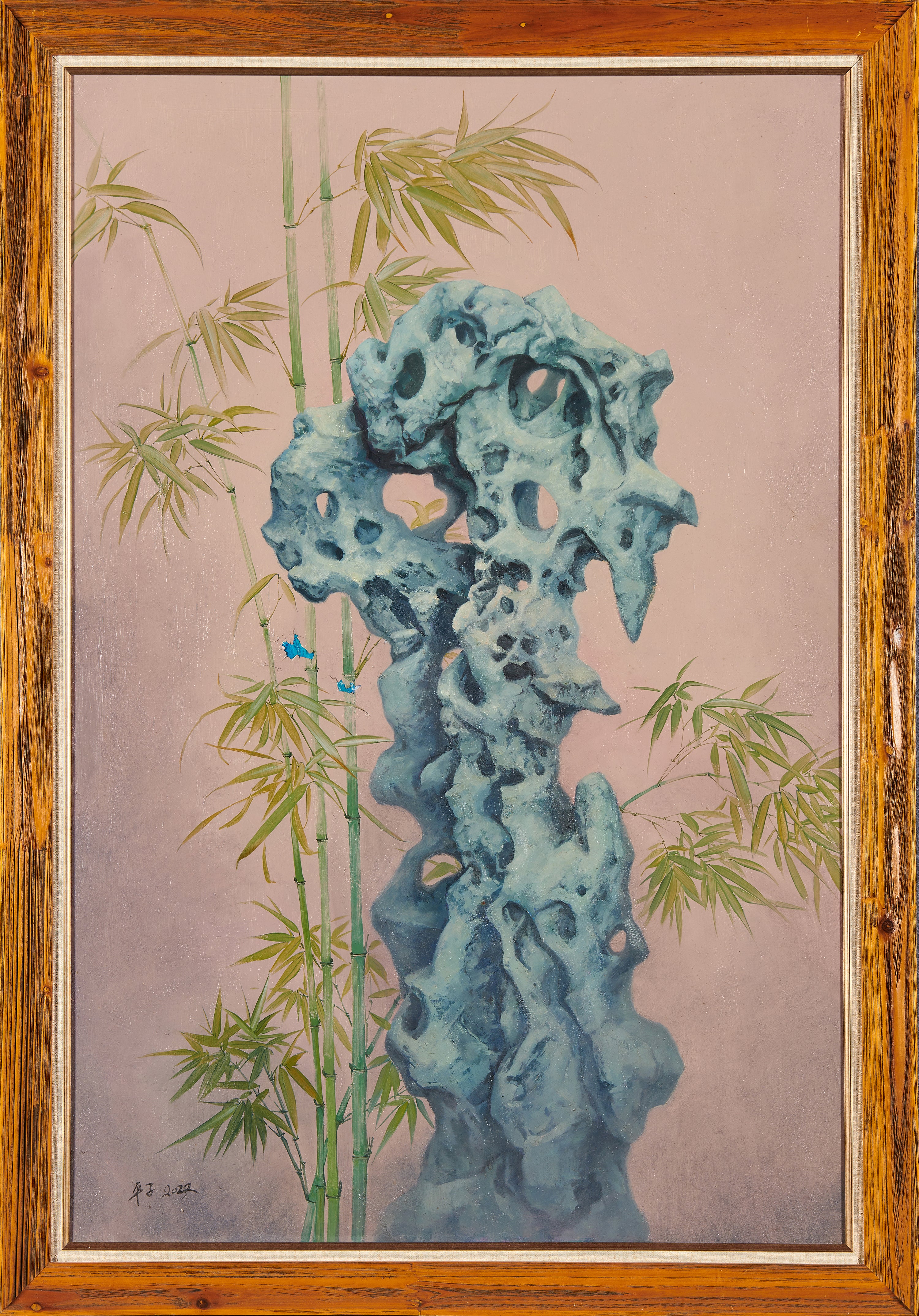 Butterfly on Azure Stone: Bamboo Whispers | 2022 Original Contemporary Chinese Oil Painting