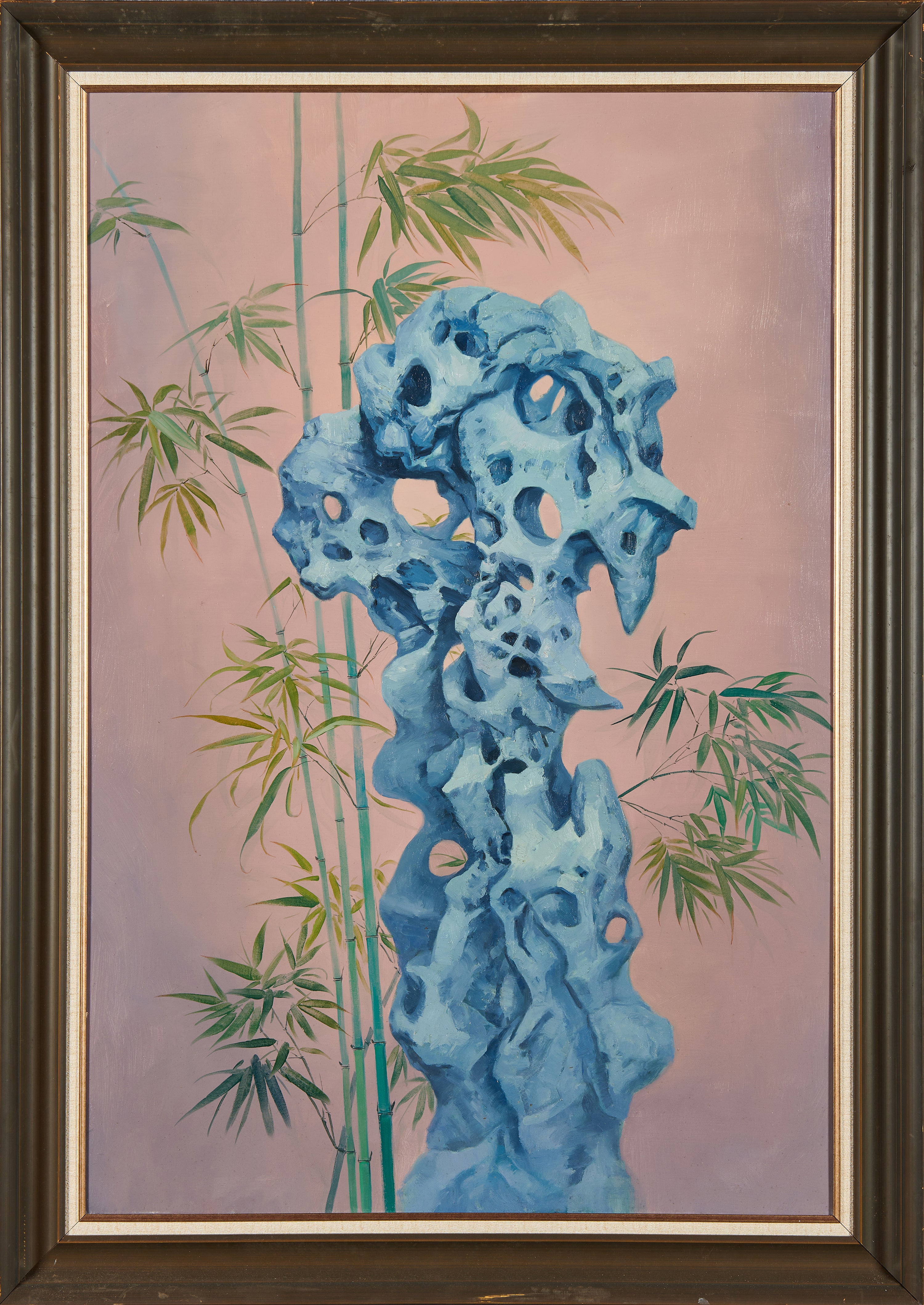 Verdant Bamboo & Azure Stone: Serenity in Blush | Original Contemporary Chinese Oil Painting