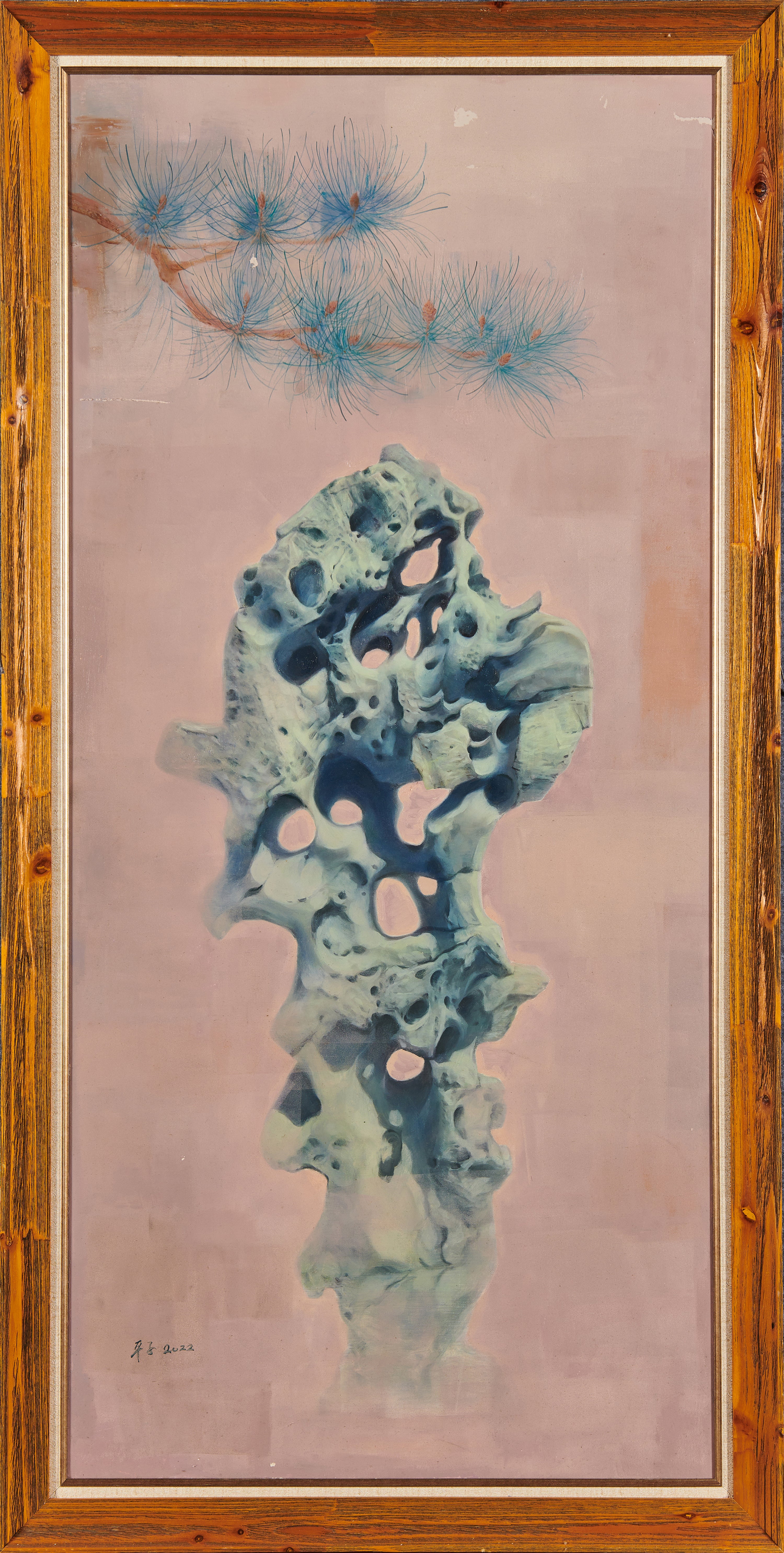 Pine & Floating Stone: Ethereal Blush | 2022 Original Tall Vertical Contemporary Chinese Oil Painting