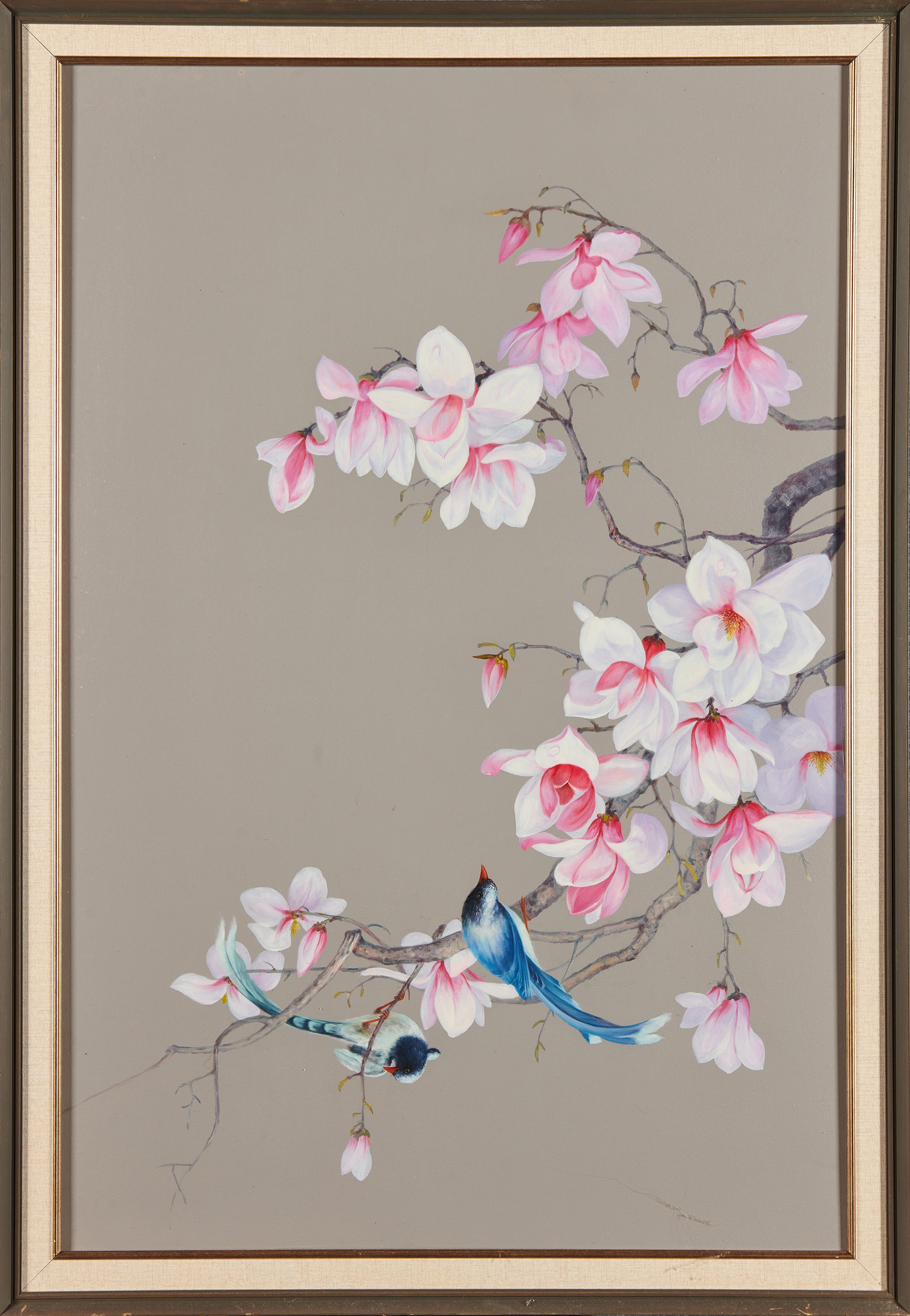 "Pink Magnolia & Perching Birds" Decorative Oil Painting