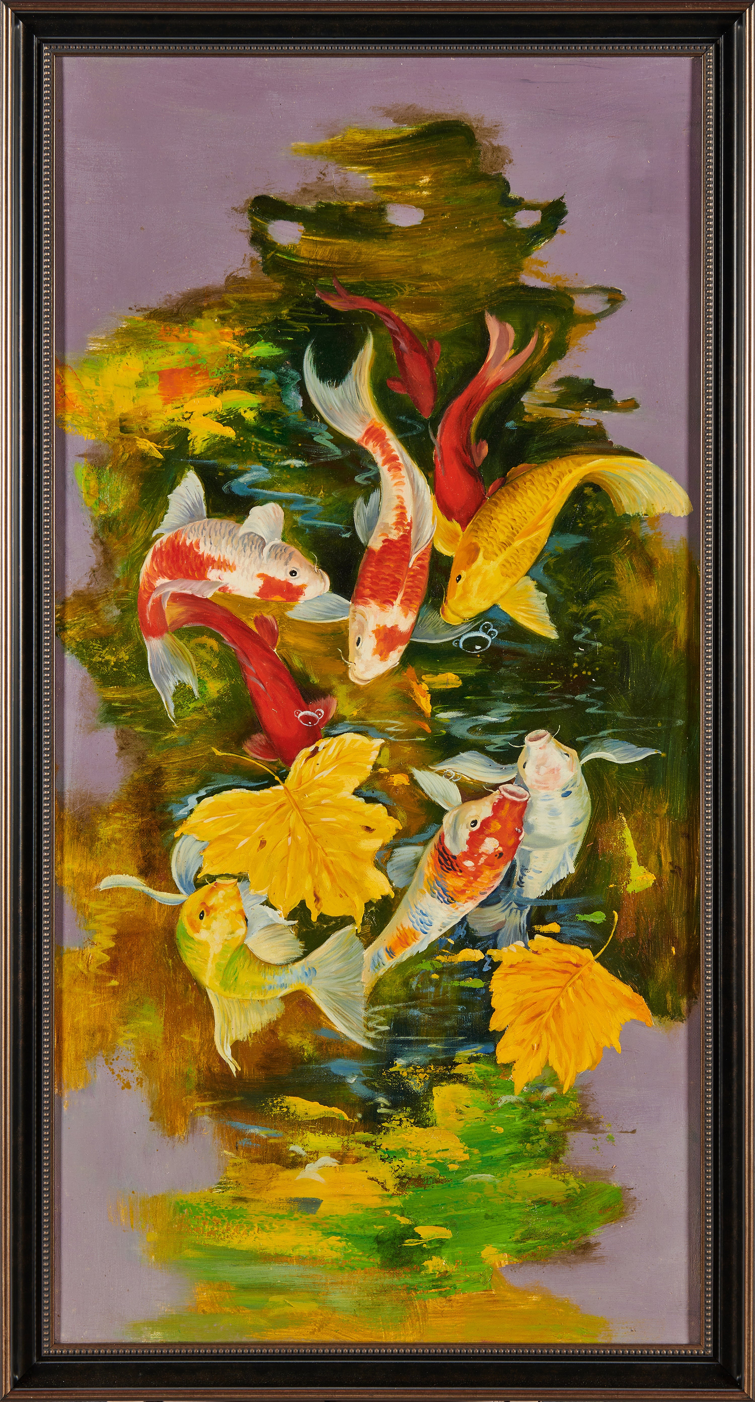 Nine Koi in Autumn: Purple Aura from the East | Original Vertical Realist Koi Fish Oil Painting