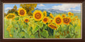 Golden Sunflower Field: Panoramic Landscape with Distant Mountains | Original Wide-Format Oil Painting