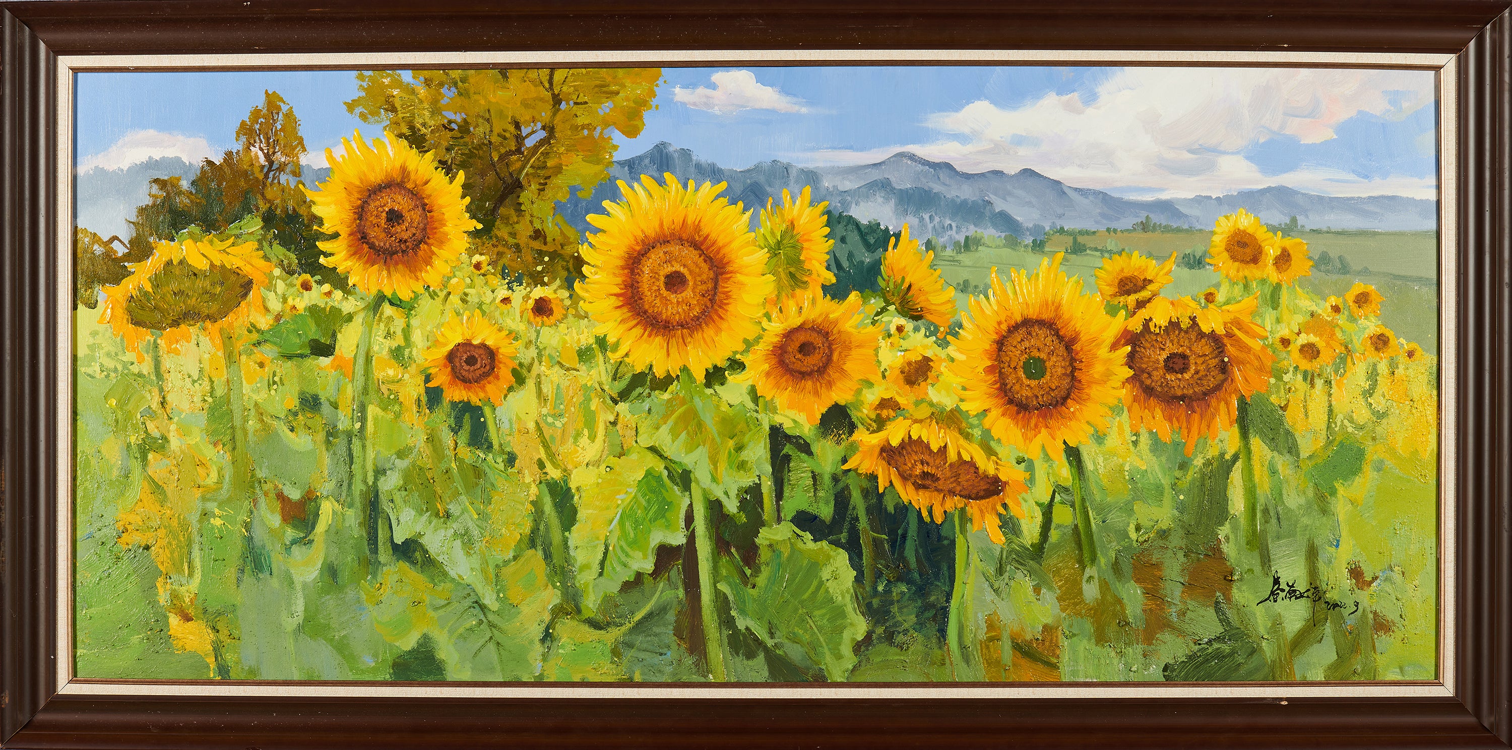 Golden Sunflower Field: Panoramic Landscape with Distant Mountains | Original Wide-Format Oil Painting