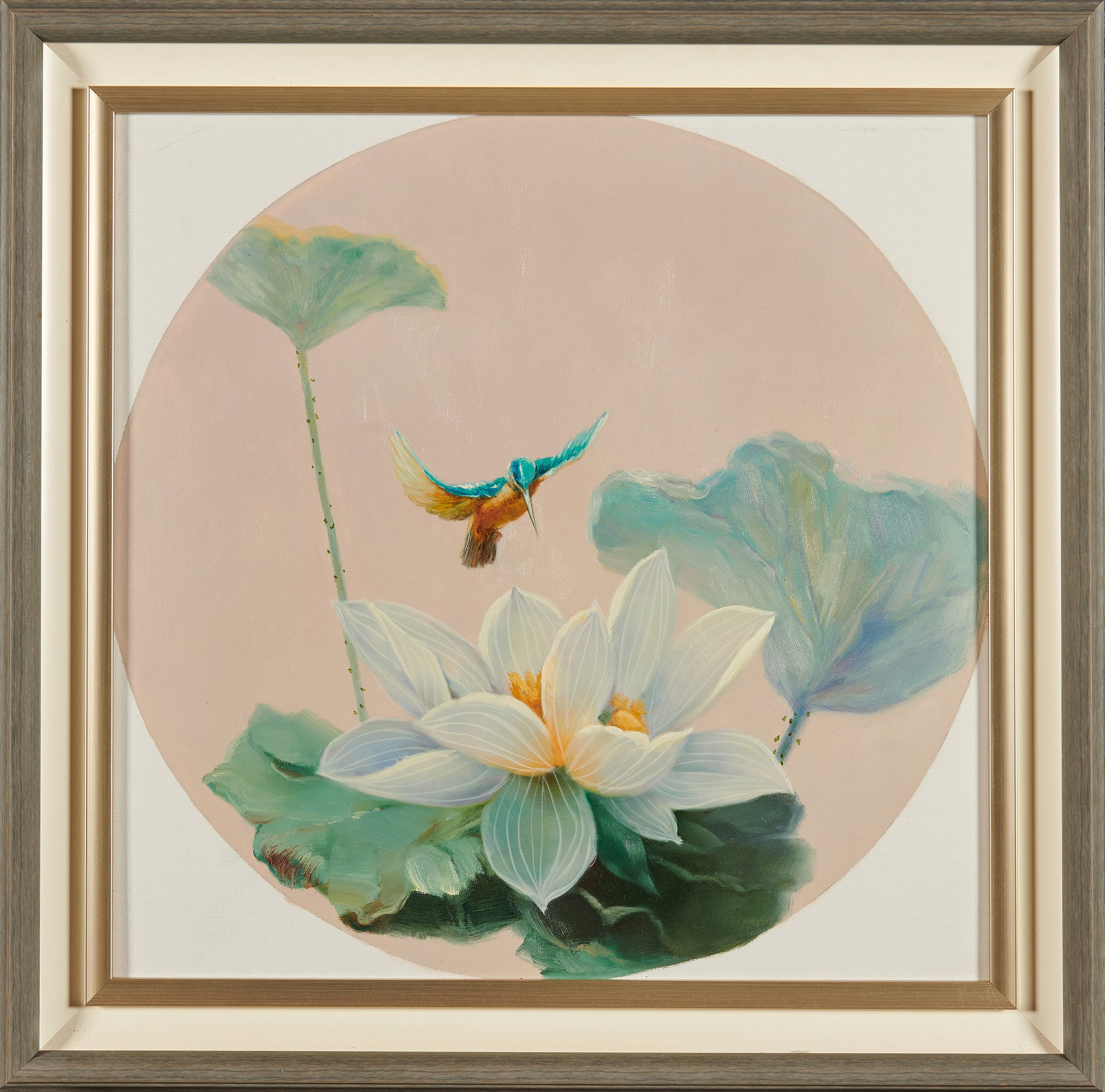 Kingfisher in Flight: Grace Over the Lotus | Original Flower & Bird Oil Painting